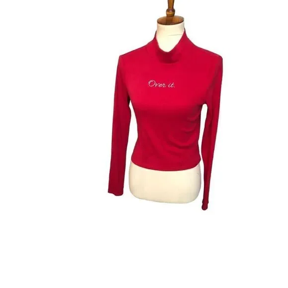 Forever 21 ribbed long sleeve red faux turtleneck with embroidered “over it” - Picture 2 of 9